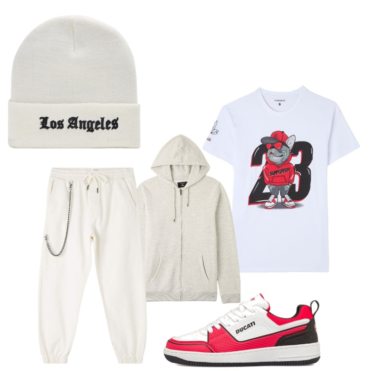 Outfit uomo - Un fiocco di neve nel parco!!. Stile Casual per Sport. Abbinamento con pantaloni sportivi, felpe con cappuccio, t-shirt, cappelli con visiera, sneakers.