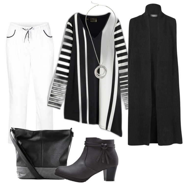 Outfit donna - Total look #1780048. Stile Casual per Tutti i giorni. look ideale per Tall. Abbinamento con stivaletti, maglieria, maglieria, collane, shopping bag, pantaloni.