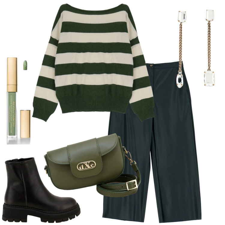 Outfit donna - Che piacere incontrarti. Stile Casual per Tutti i giorni. Abbinamento con correttori, stivaletti, pullovers, orecchini, pochette, pantaloni a palazzo.