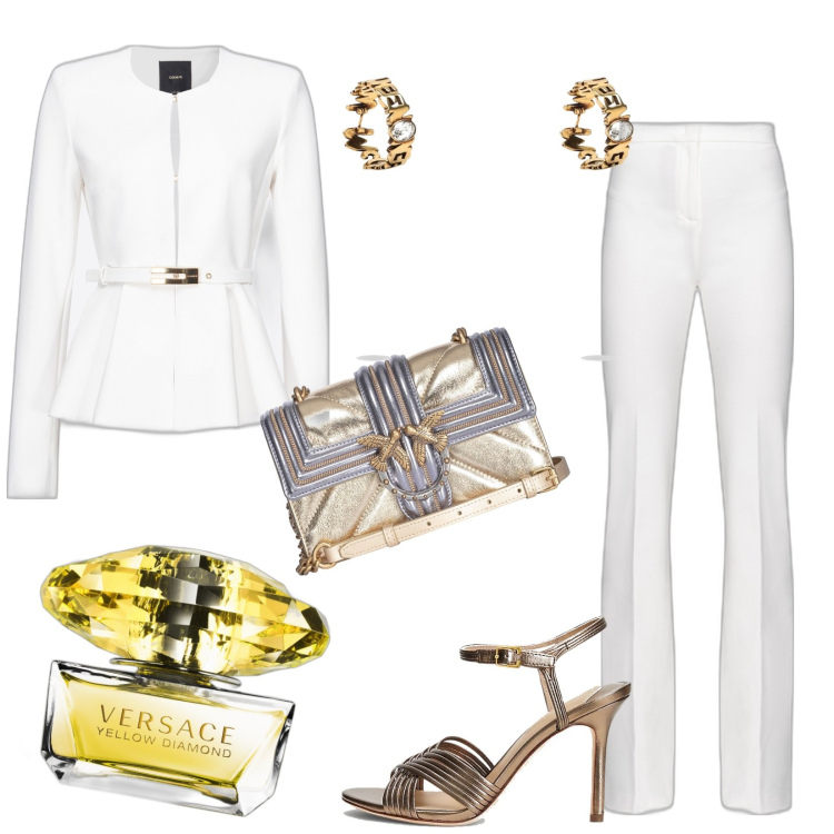 Outfit donna - Total look #1780059. Stile Chic per Cerimonia. look ideale per Petite. Abbinamento con profumi, pantaloni, blazer, borse a tracolla, sandali in pelle, orecchini.