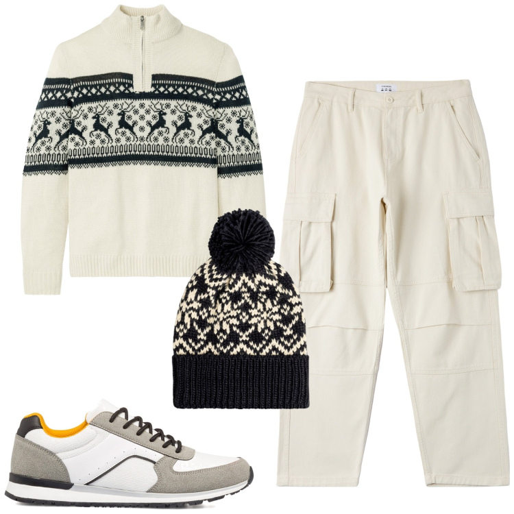 Outfit uomo - Total look #1780070. Stile Trendy per Tutti i giorni. Abbinamento con maglieria, pantaloni cargo, sneakers, berretti.