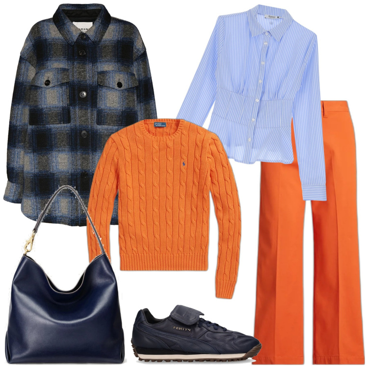 Outfit donna - Blu e arancio casual. Stile Casual per Tutti i giorni. Abbinamento con camicie, maglieria, pantaloni chino, borse a spalla, sneakers alte, cappotti.
