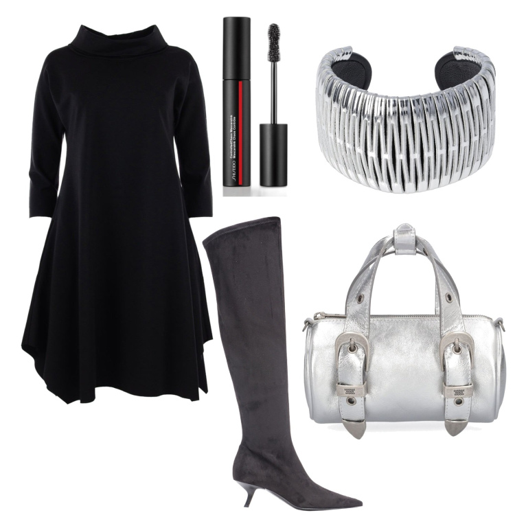 Outfit donna - Vestito svasato. Stile Trendy per Serata fuori. Abbinamento con mascara, stivali sopra il ginocchio, vestiti, braccialetti, borse a mano.
