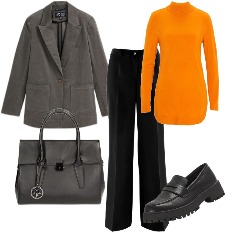 Outfit donna - La lupetto arancione. Stile Casual chic per Ufficio. Abbinamento con pantaloni, maglieria, blazer, mocassini, borse a mano.