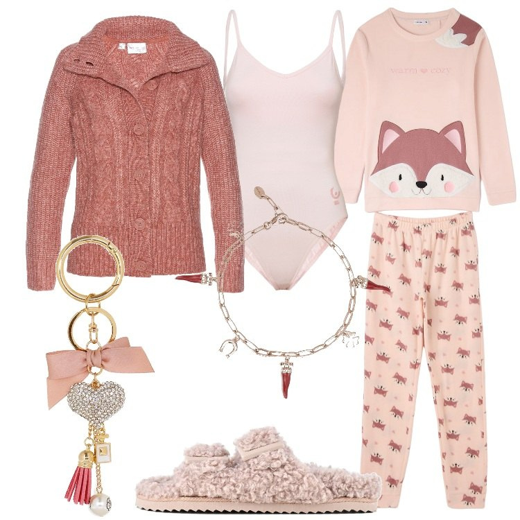 Outfit donna - Homewear confortevole. Stile Romantica per Tutti i giorni. Abbinamento con cardigans, pigiama, braccialetti, body, portachiavi, ciabatte.
