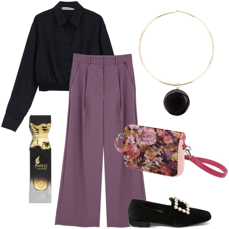 Outfit donna - La borsetta a fiori. Stile Bon Ton per Serata fuori. Abbinamento con profumi, camicie, mocassini, pantaloni a palazzo, ciondoli, borse a spalla.