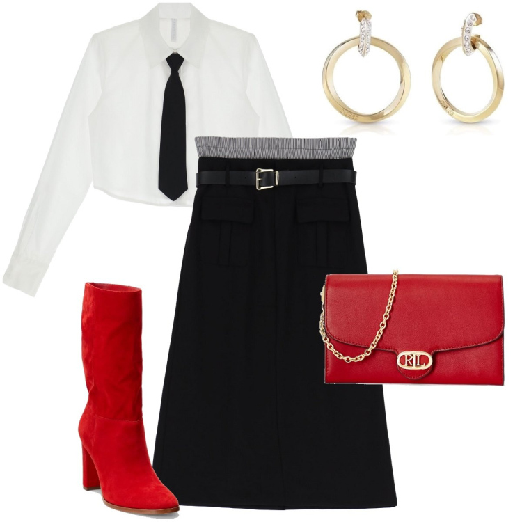 Outfit donna - Stivali rossi. Stile Trendy per Serata fuori. Abbinamento con gonne longuette, camicie, borse a tracolla, stivali sopra il ginocchio, orecchini.