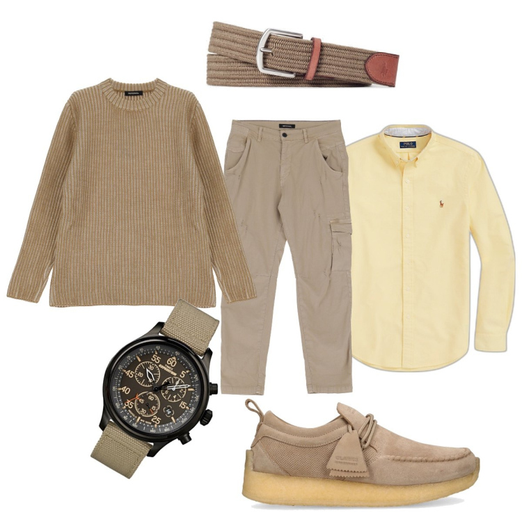 Outfit uomo - In beige per l’ufficio. Stile Business/Elegante per Ufficio. Abbinamento con pantaloni, pullovers, camicie, cinture, orologi analogici, scarpe stringate.