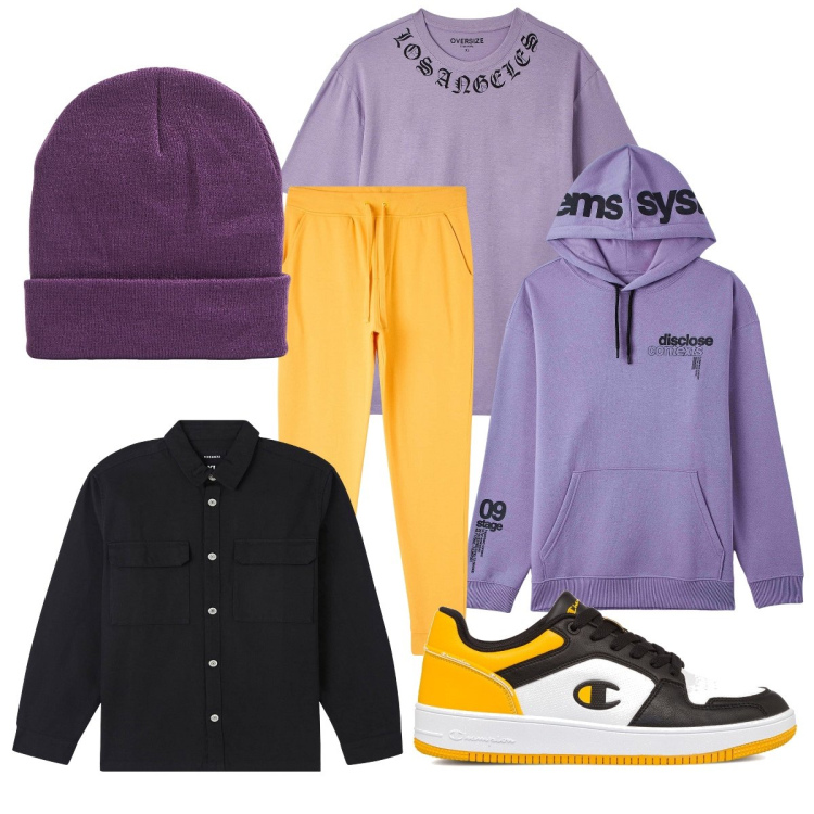 Outfit uomo - Sportivo in lilla e giallo. Stile Casual per Sport. Abbinamento con cappotti, felpe con cappuccio, t-shirt, berretti, pantaloni, sneakers.