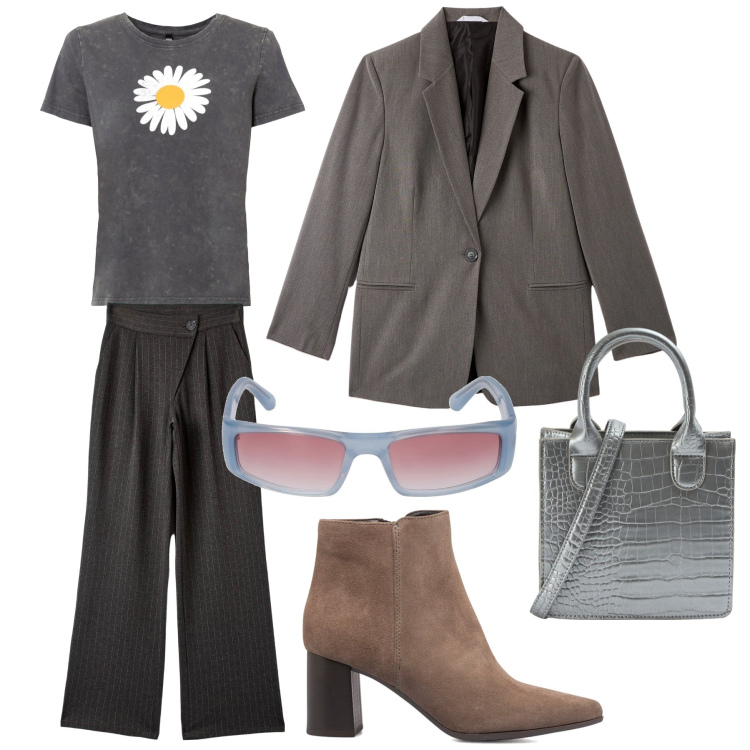 Outfit donna - Lunedì si ricomincia. Stile Chic per Ufficio. Abbinamento con t-shirt, pantaloni a palazzo, blazer, shopping bag, stivaletti, occhiali da sole.