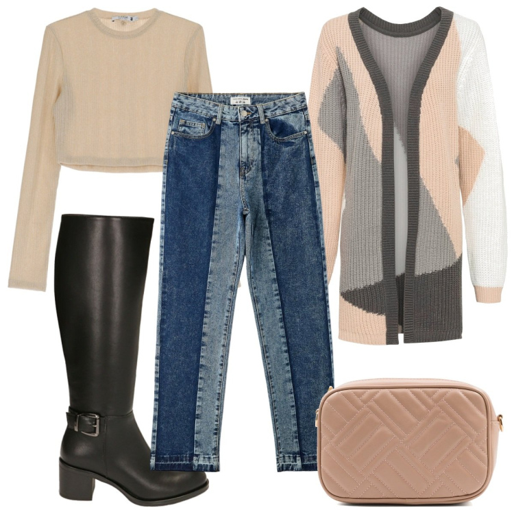Outfit donna - Total look #1780130. Stile Trendy per Tutti i giorni. Abbinamento con cardigans, jeans dritti, top, stivali sopra il ginocchio, borse a tracolla.