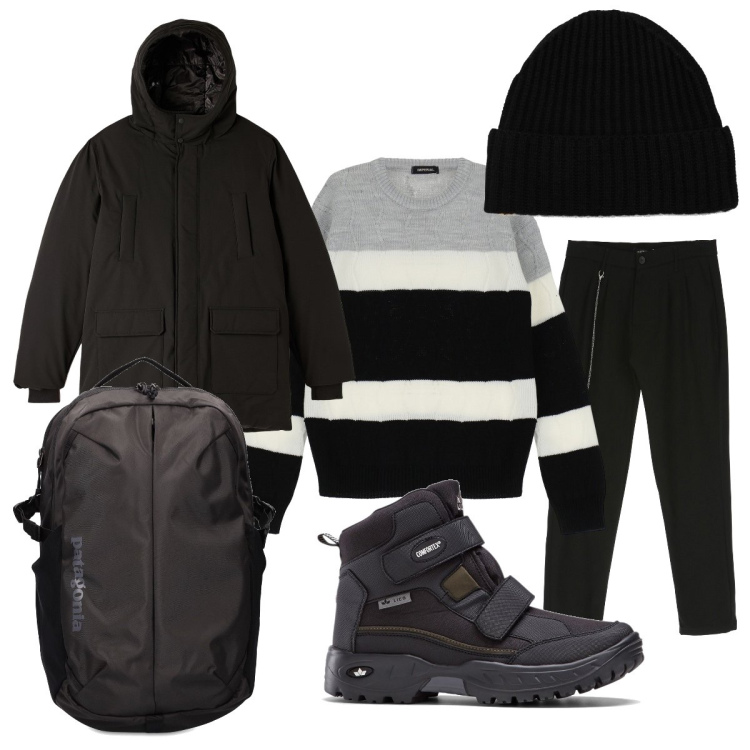 Outfit uomo - “Scarpinata in montagna”. Stile Casual per Sport. Abbinamento con stivali e stivaletti, parka, pantaloni, pullovers, berretti, borse sportive.