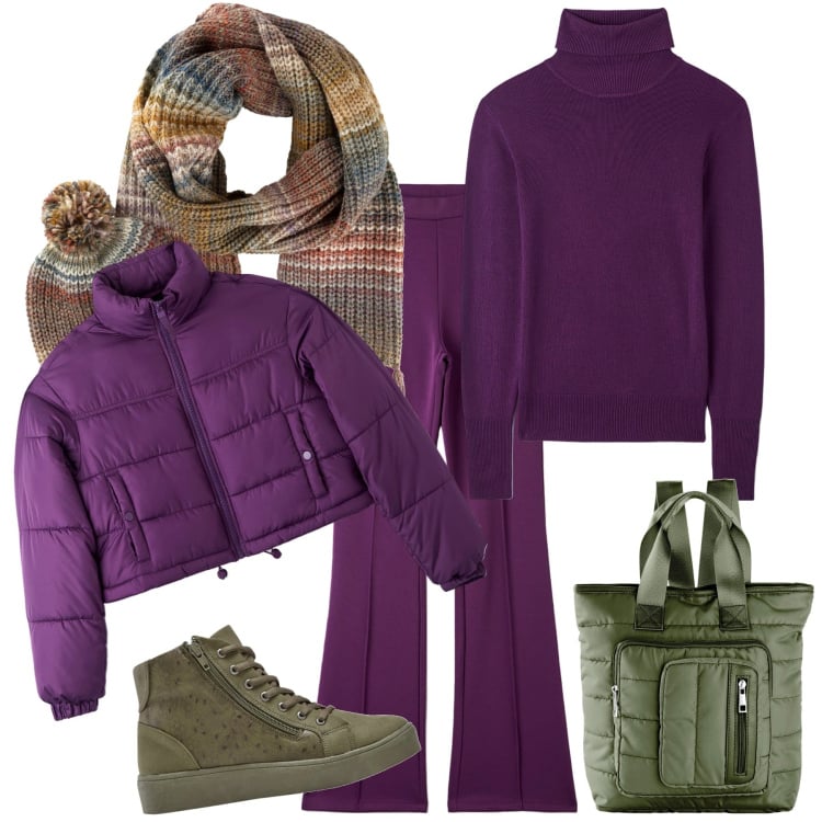 Outfit donna - Mix verde e viola. Stile Basic per Tutti i giorni. Abbinamento con sciarpe, zaini, sneakers alte, pantaloni, maglieria, piumini.