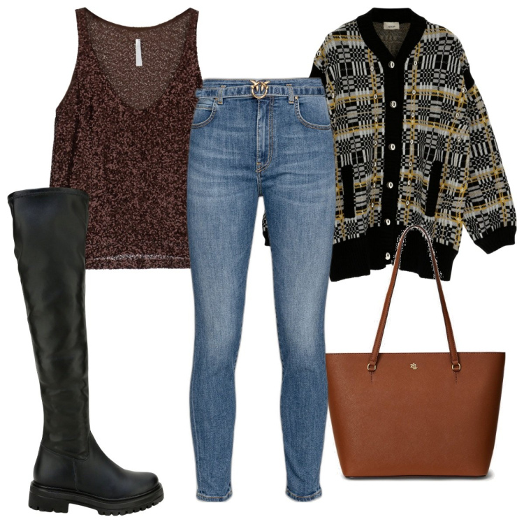 Outfit donna - Total look #1780145. Stile Trendy per Tutti i giorni. Abbinamento con jeans, canottiere, cardigans, stivali sopra il ginocchio, borse tote.