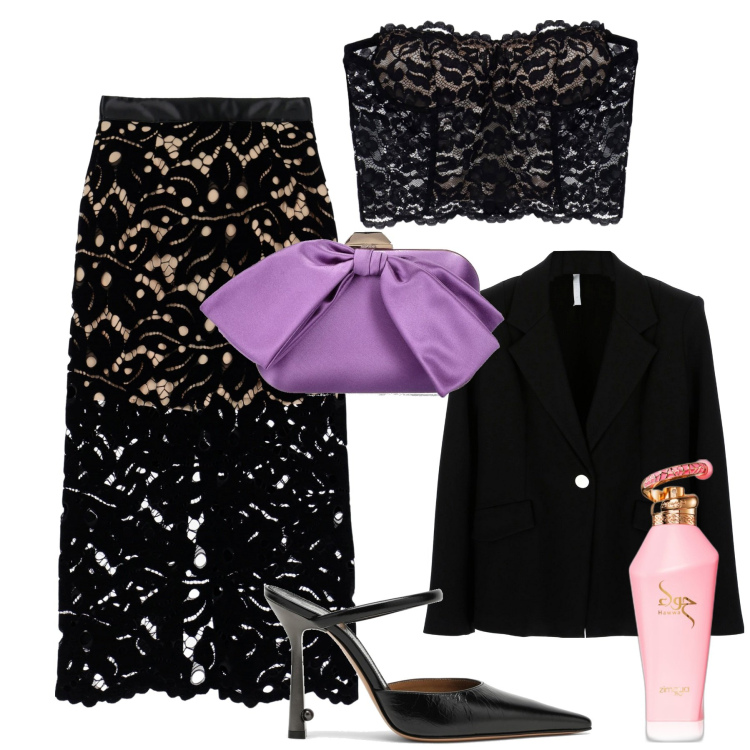 Outfit donna - 31 Dicembre. Stile Glamour per Serata fuori. Abbinamento con profumi, gonne longuette, blazer, top, décolleté, pochette.
