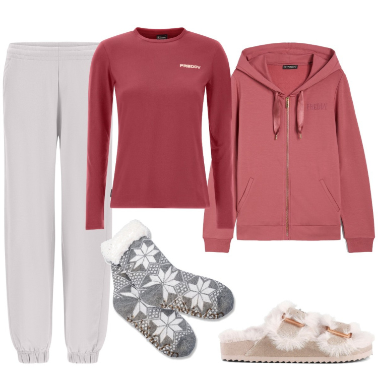 Outfit donna - Calda e comoda. Stile Sporty chic per Tutti i giorni. Abbinamento con pantaloni, felpe con cappuccio, t-shirt, calzini, ciabatte.