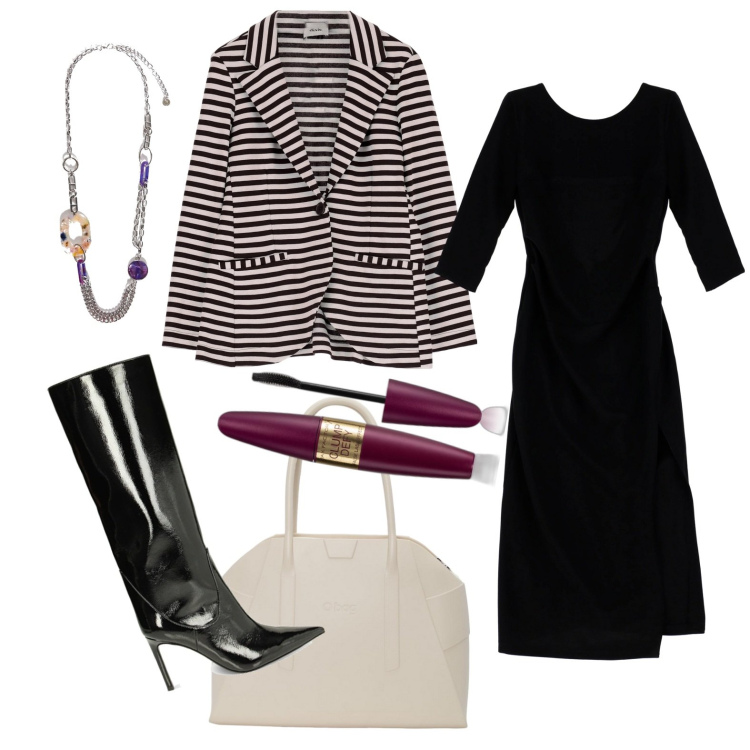 Outfit donna - Cena pre-natalizia. Stile Basic per Serata fuori. Abbinamento con mascara, vestiti lunghi, stivali sopra il ginocchio, blazer, ciondoli, borse a spalla.