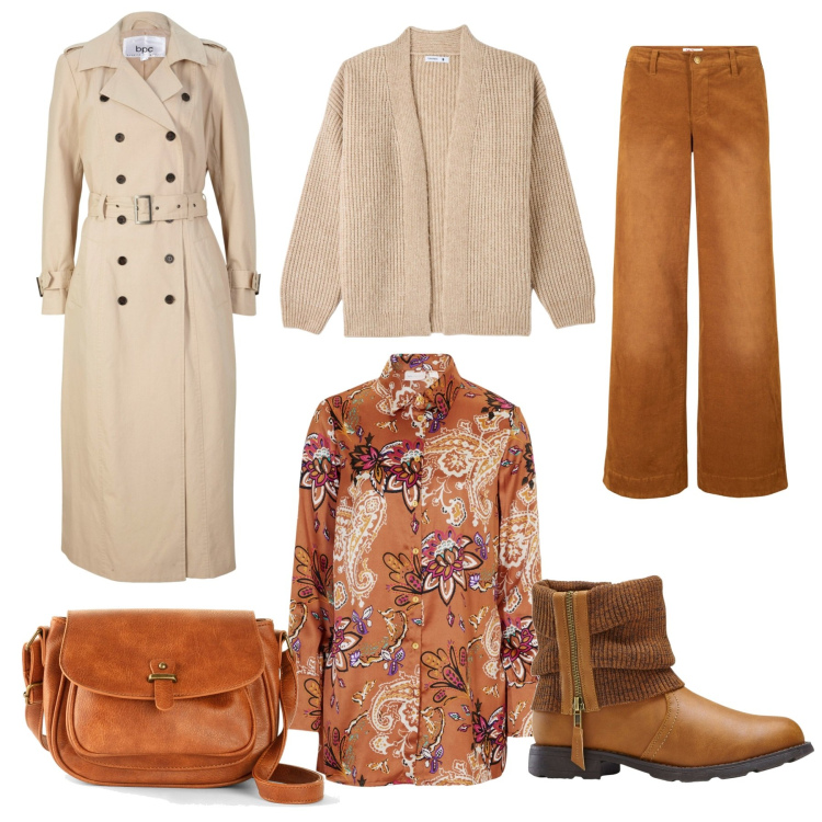 Outfit donna - La camicia fantasia. Stile Casual chic per Tutti i giorni. Abbinamento con pantaloni, borse a tracolla, camicie, trench, stivaletti, cardigans.