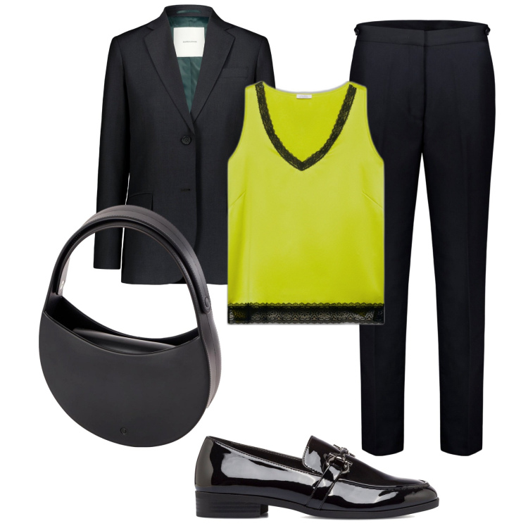 Outfit donna - Vivace sotto al completo. Stile Urban per Ufficio. Abbinamento con mocassini, blazer, pantaloni, borse a spalla, top.