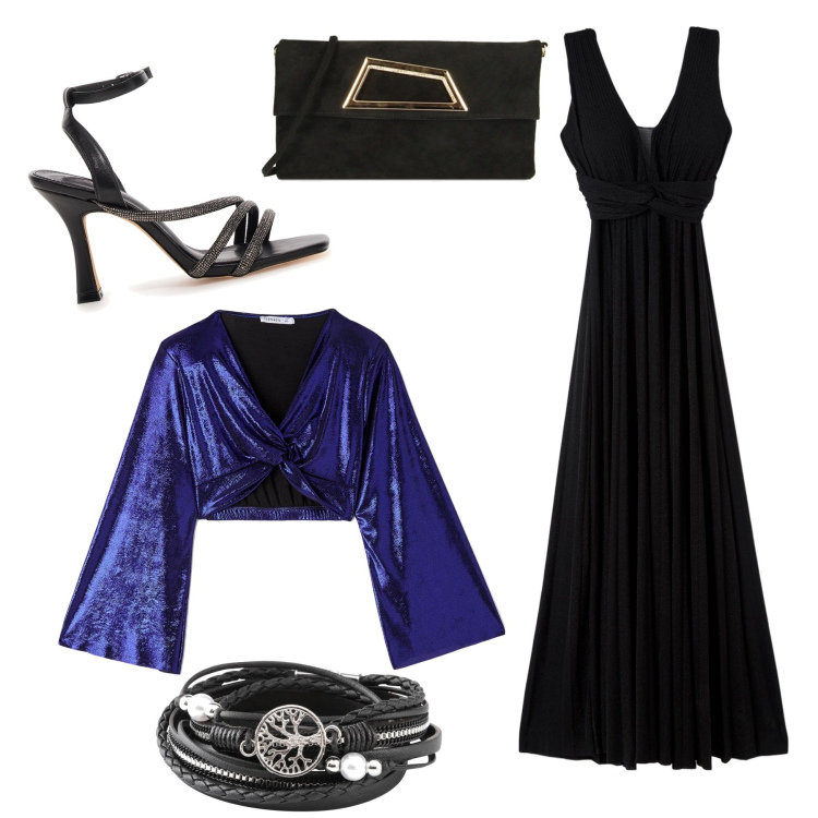Outfit donna - Blue and black. Stile Bon Ton per Serata fuori. Abbinamento con braccialetti, t-shirt, vestiti lunghi, pochette, sandali col tacco.