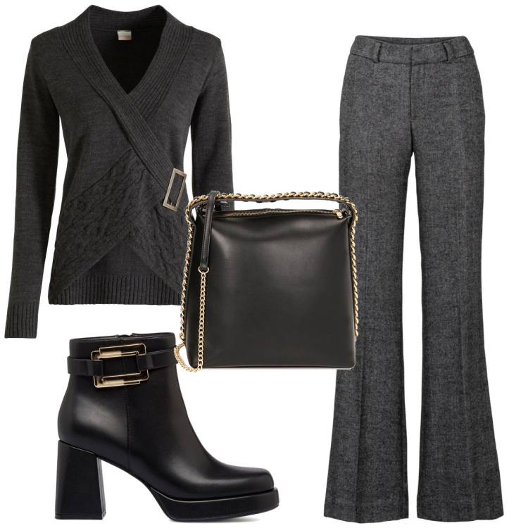 Outfit donna - Total look #1780253. Stile 70s per Tutti i giorni. Abbinamento con pantaloni a palazzo, pullovers, borse a mano, stivaletti.