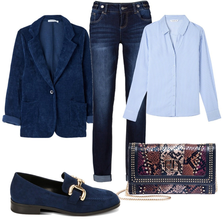 Outfit donna - Patchouli. Stile Casual chic per Ufficio. Abbinamento con jeans boyfriend, camicie, cappotti, pochette, mocassini.