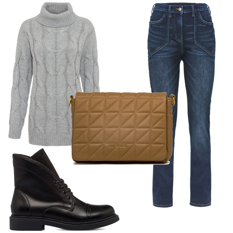 Outfit donna - Total look #1780257. Stile Basic per Tutti i giorni. Abbinamento con jeans dritti, maglieria, stivaletti, borse a tracolla.