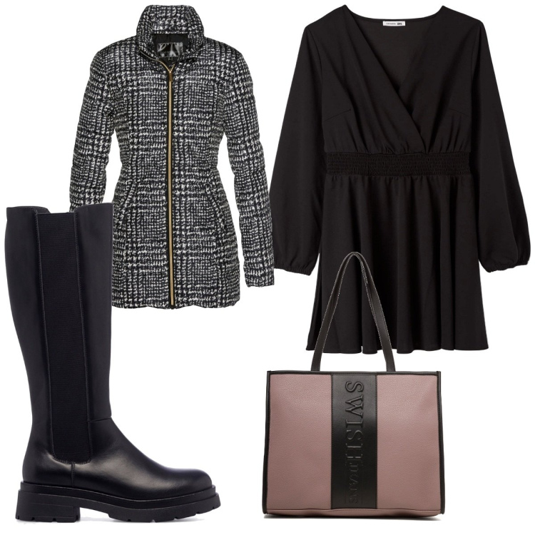 Outfit donna - Total look #1780260. Stile Trendy per Tutti i giorni. Abbinamento con giacche, vestiti corti, stivali, borse a spalla.