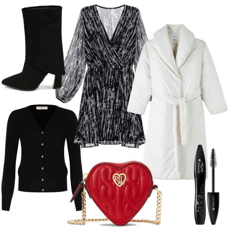 Outfit donna - Il piumino bianco. Stile Glamour per Tutti i giorni. Abbinamento con mascara, piumini, cardigans, vestiti corti, stivaletti, pochette.