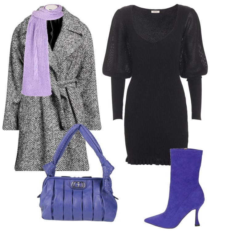Outfit donna - Il tronchetto viola. Stile Urban per Ufficio. Abbinamento con cappotti, borse a mano, vestiti, sciarpe, stivaletti.