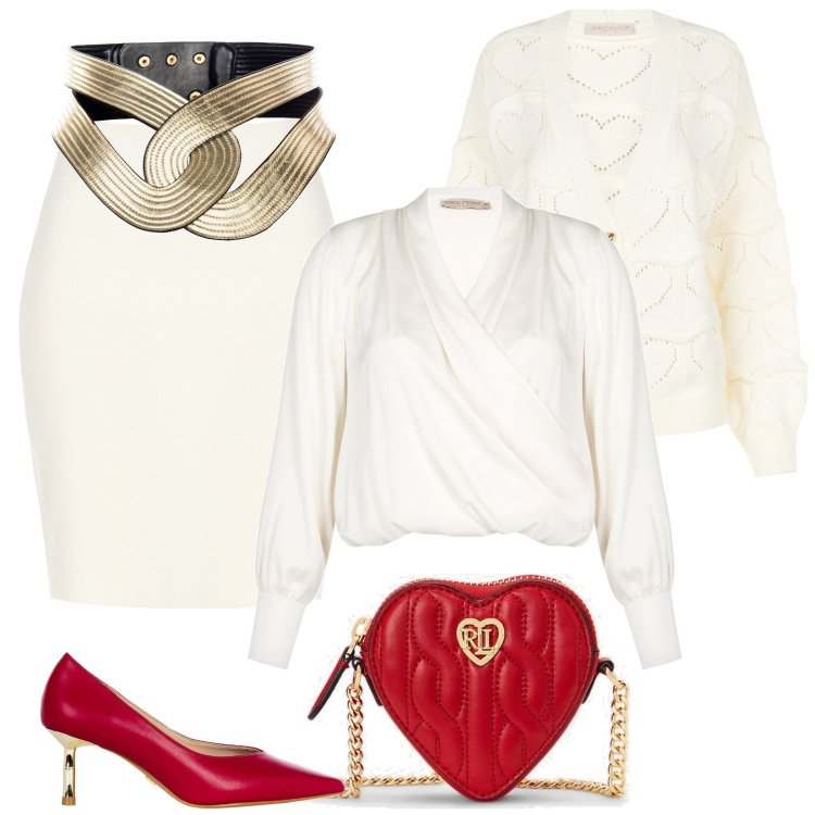 Outfit donna - Curvy, White Christmas. Stile Bon Ton per Serata fuori. Abbinamento con minigonne, cinture, cardigans, bluse, décolleté, pochette.