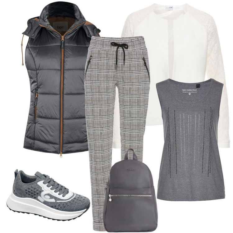 Outfit donna - Principe di Galles. Stile Sporty chic per Tutti i giorni. Abbinamento con pantaloni, gilet, top, blazer, sneakers, zaini.