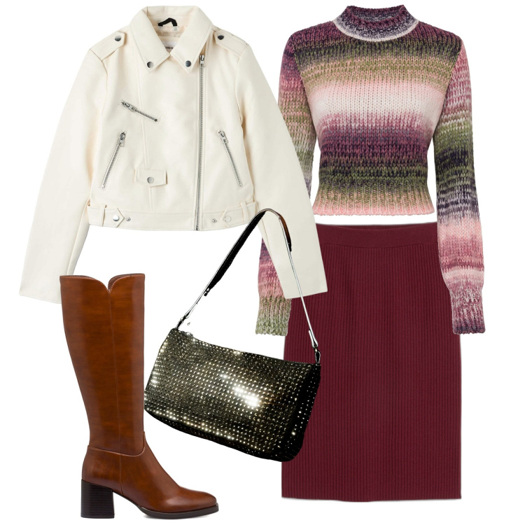 Outfit donna - Melange. Stile Bon Ton per Tutti i giorni. Abbinamento con gonne, maglieria, borse a spalla, cappotti, stivali sopra il ginocchio.