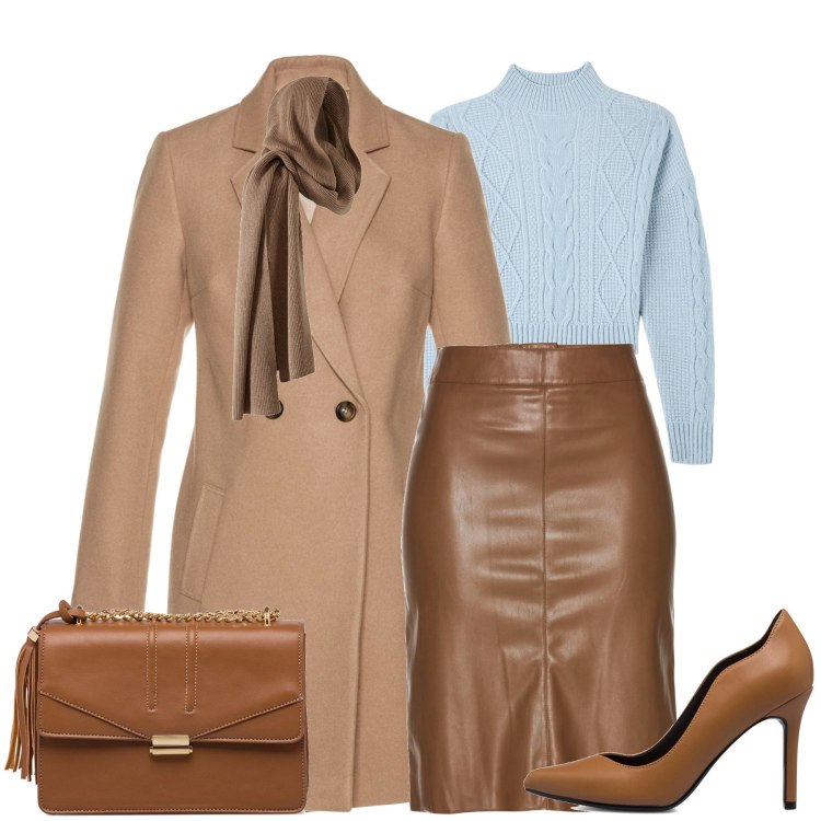 Outfit donna - Total look #1780281. Stile Trendy per Tutti i giorni. Abbinamento con gonne longuette, cappotti, sciarpe, maglieria, décolleté, borse a tracolla.