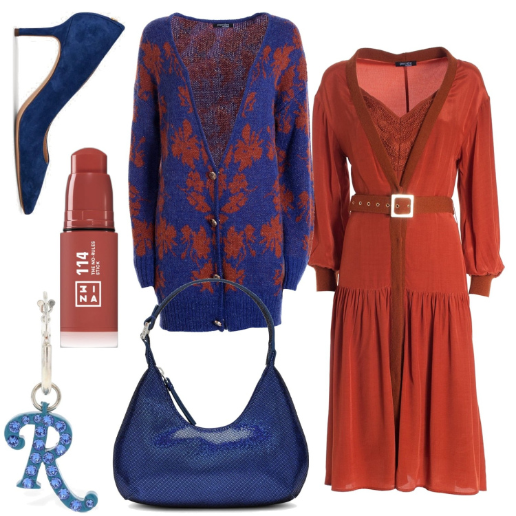 Outfit donna - Accostamento di colori insolito&glamour. Stile Glamour per Serata fuori. Abbinamento con ombretti, cardigans, vestiti midi/longuette, décolleté, orecchini, borse a spalla.