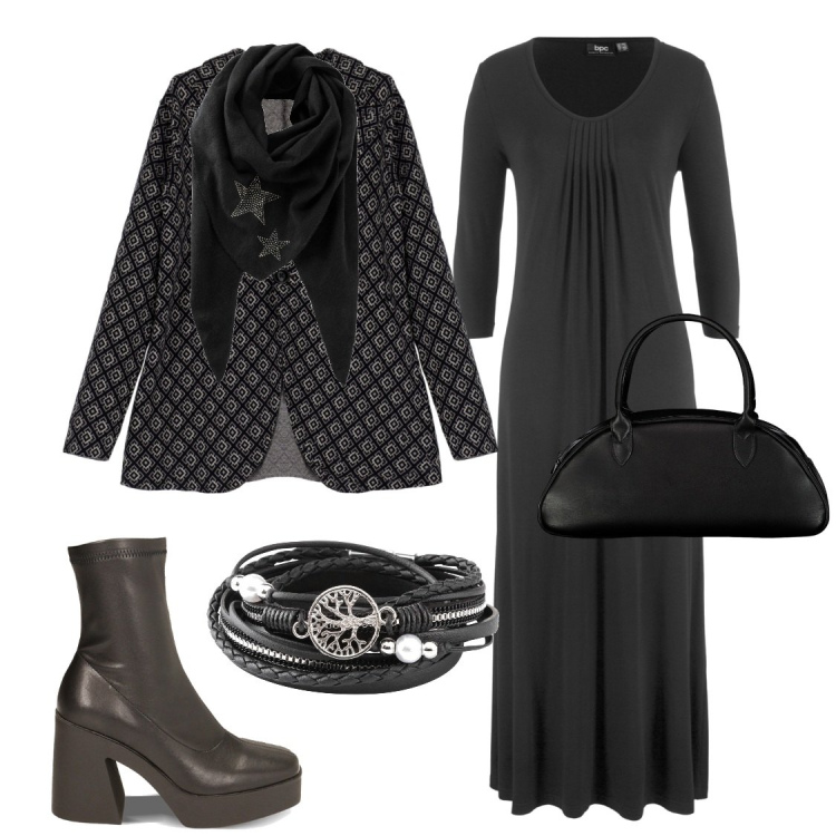 Outfit donna - Nero boho. Stile Boho per Tutti i giorni. look ideale per Tall. Abbinamento con foulard, vestiti lunghi, braccialetti, stivaletti, cappotti, borse a spalla.