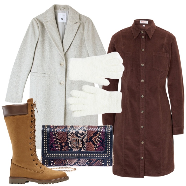 Outfit donna - Cioccolato e panna. Stile Bon Ton per Tutti i giorni. Abbinamento con vestiti, stivali sopra il ginocchio, cappotti, guanti, pochette.