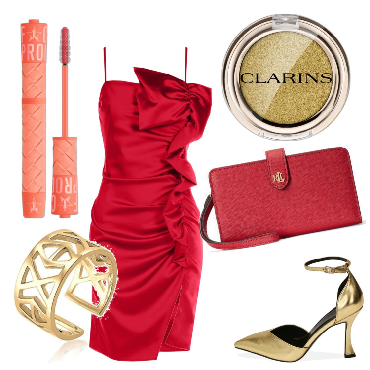 Outfit donna - Natale. Stile Romantica per Serata fuori. Abbinamento con mascara, ombretti, vestiti corti, décolleté, pochette, anelli.