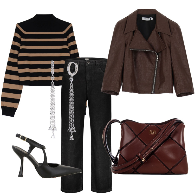 Outfit donna - Casual chic. Stile Casual chic per Ufficio. Abbinamento con blazer, orecchini, pullovers, borse a spalla, décolleté, jeans.