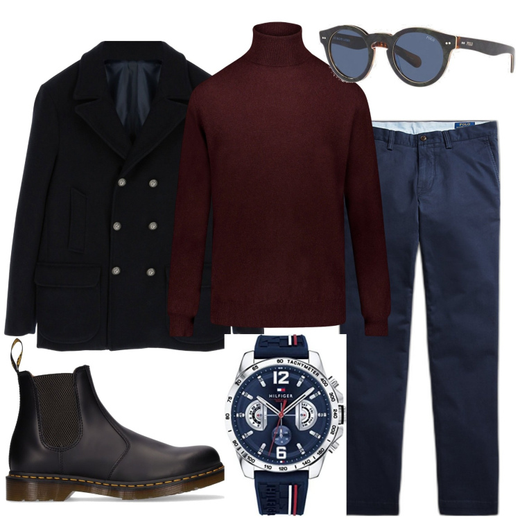 Outfit uomo - Sporty chic. Stile Urban per Tutti i giorni. Abbinamento con cappotti, pantaloni, occhiali da sole, maglieria, stivali e stivaletti, orologi analogici.