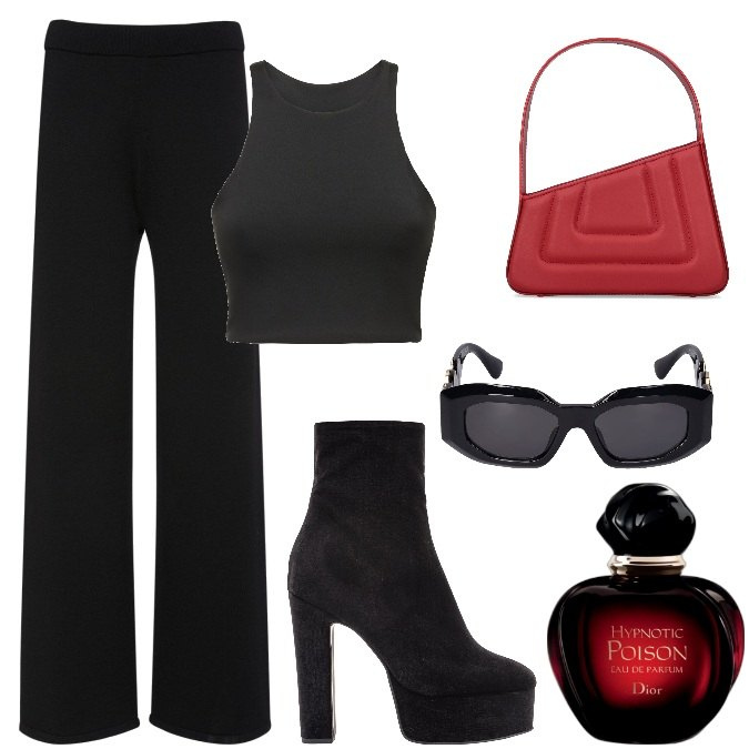 Outfit donna - Total look #1780333. Stile Trendy per Tutti i giorni. Abbinamento con profumi, stivaletti, pantaloni, occhiali da sole, top, borse a spalla.