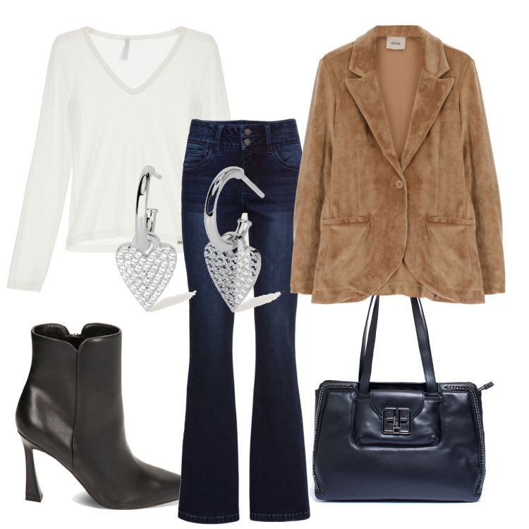 Outfit donna - Casual chic in ufficio. Stile Casual chic per Ufficio. Abbinamento con jeans bootcut, orecchini, borse a mano, t-shirt, stivaletti, giacche.