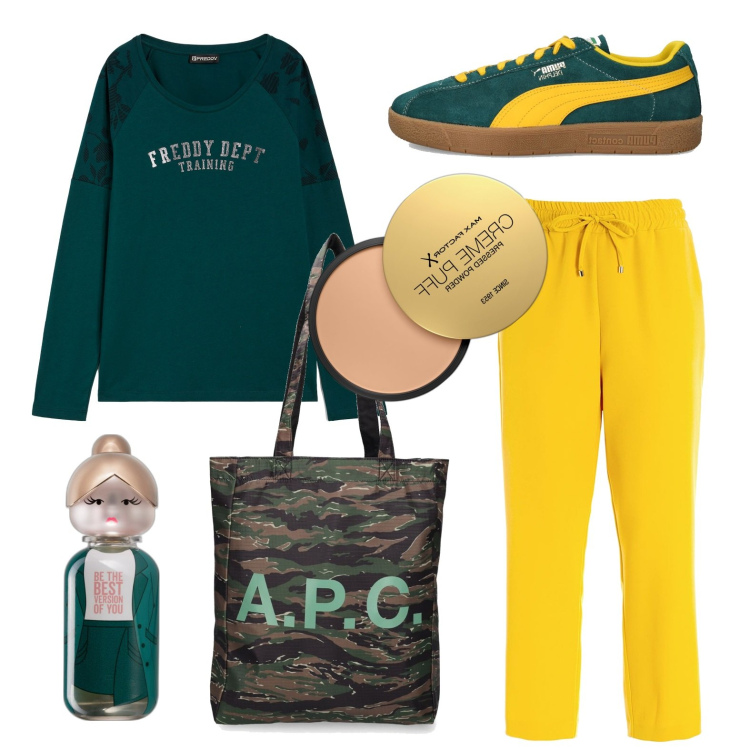 Outfit donna - Tuta alternativa. Stile Basic per Scuola/Università. Abbinamento con profumi, ciprie, pantaloni, t-shirt, sneakers, shopping bag.