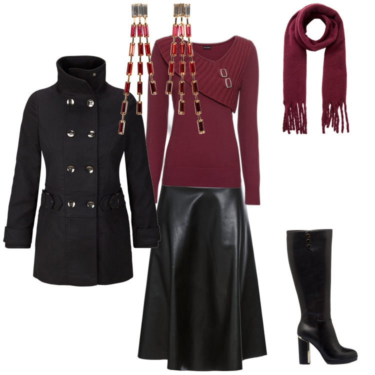 Outfit donna - Semplicità. Stile Casual chic per Serata fuori. Abbinamento con maglieria, orecchini, blazer, gonne, sciarpe, stivali sopra il ginocchio.