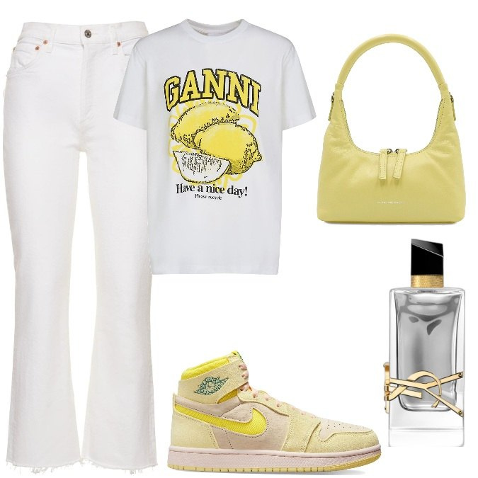 Outfit donna - Total look #1780340. Stile Trendy per Tutti i giorni. Abbinamento con profumi, jeans dritti, sneakers, borse a mano, t-shirt.