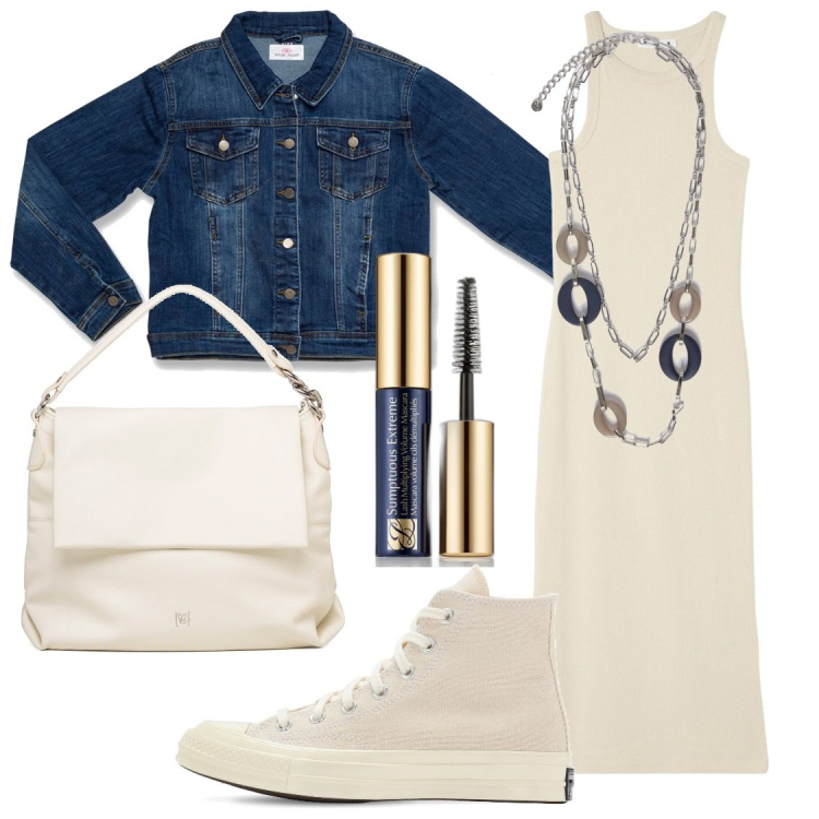 Outfit donna - Urban. Stile Basic per Tutti i giorni. Abbinamento con mascara, vestiti lunghi, cappotti, borse a spalla, sneakers, ciondoli.