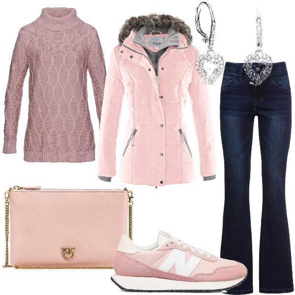 Outfit donna - Look comodo per le feste. Stile Casual chic per Serata fuori. Abbinamento con jeans bootcut, piumini, maglieria, orecchini, borse a tracolla, sneakers.