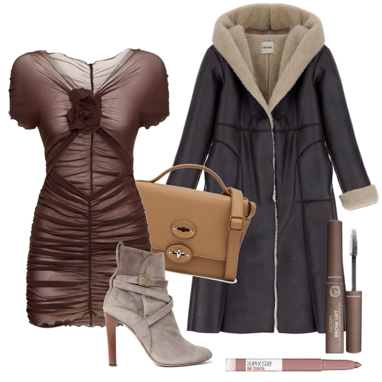 Outfit donna - Alla festa col cappotto caldo. Stile Glamour per Serata fuori. Abbinamento con rossetti, mascara, stivaletti, cappotti, borse a mano, vestiti.