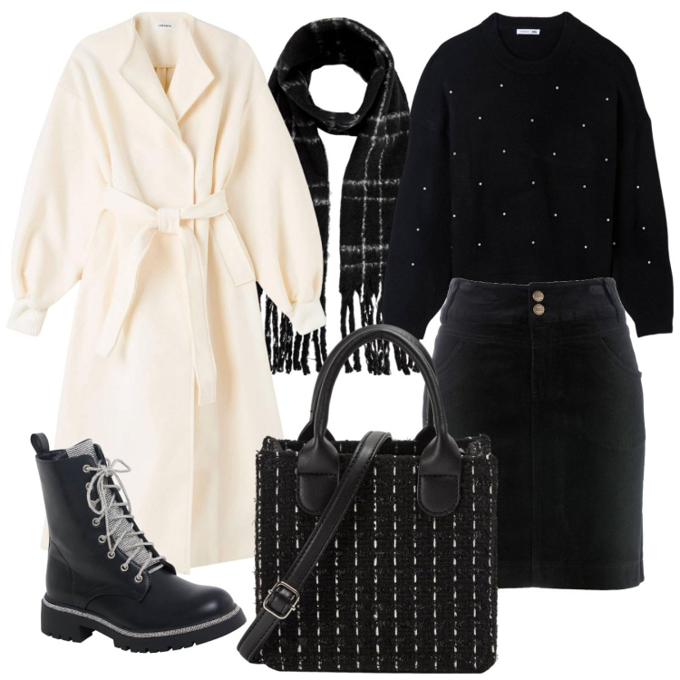 Outfit donna - Bianco e nero casual chic. Stile Casual chic per Tutti i giorni. Abbinamento con gonne lunghe, cappotti, maglieria, anfibi, shopping bag, sciarpe.