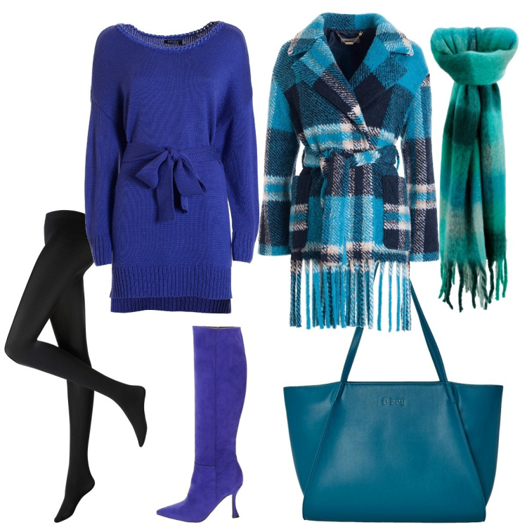 Outfit donna - Shopping festivo. Stile Urban per Tutti i giorni. Abbinamento con collant, cappotti, vestiti midi/longuette, stivali, sciarpe, borse a spalla.